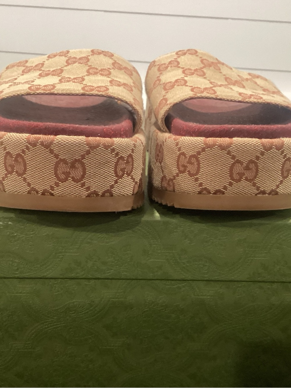Gucci Tan and Brown GG Canvas Platform Slides